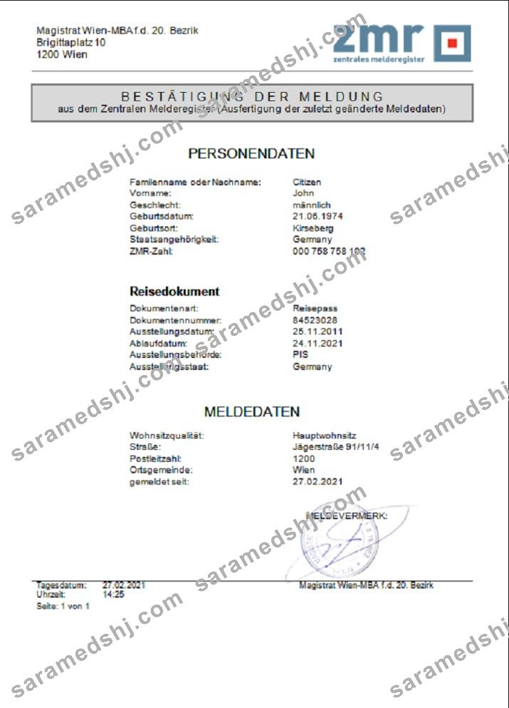 Austria ZMR Zentrales Melderegister Central register of residents document template in Word format